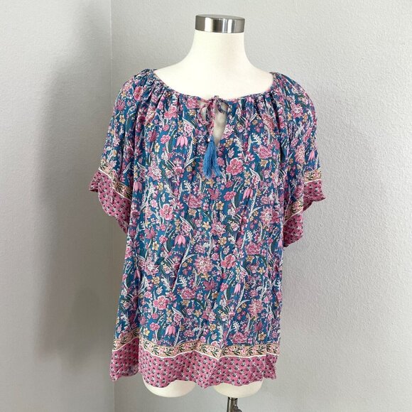 Cynthia Rowley Woman Plus 1X Floral Front Tassel Tie Boho Shirt Short Sleeve Top - Picture 1 of 10